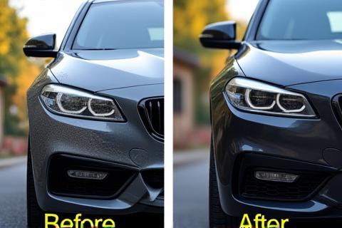 Before and after shot of a car's exterior wash